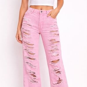Pink Denim High Rise Button Distressed Jeans Straight Leg Crop Size 1/25